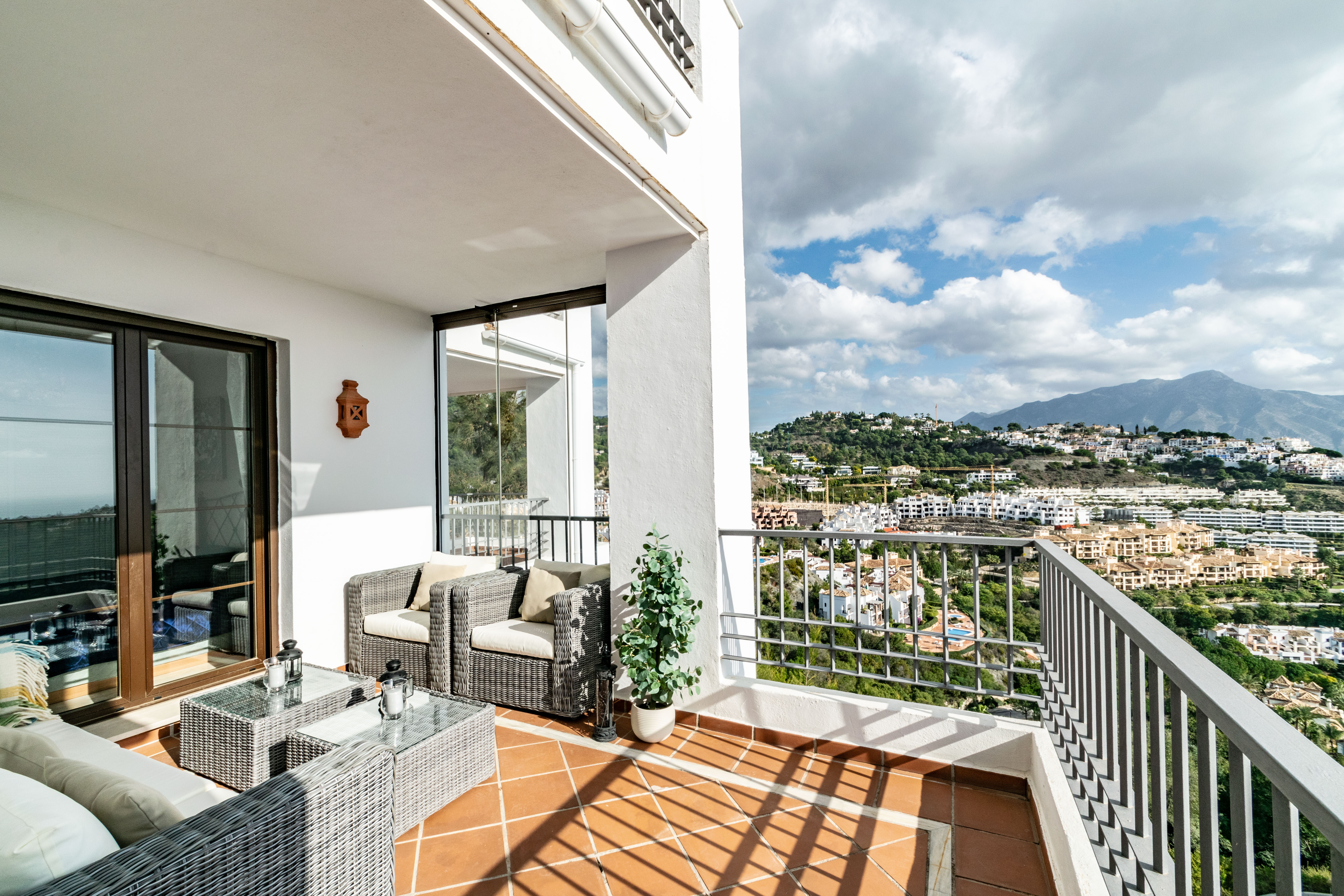 Apartment terrace with view over the Costa del Sol.