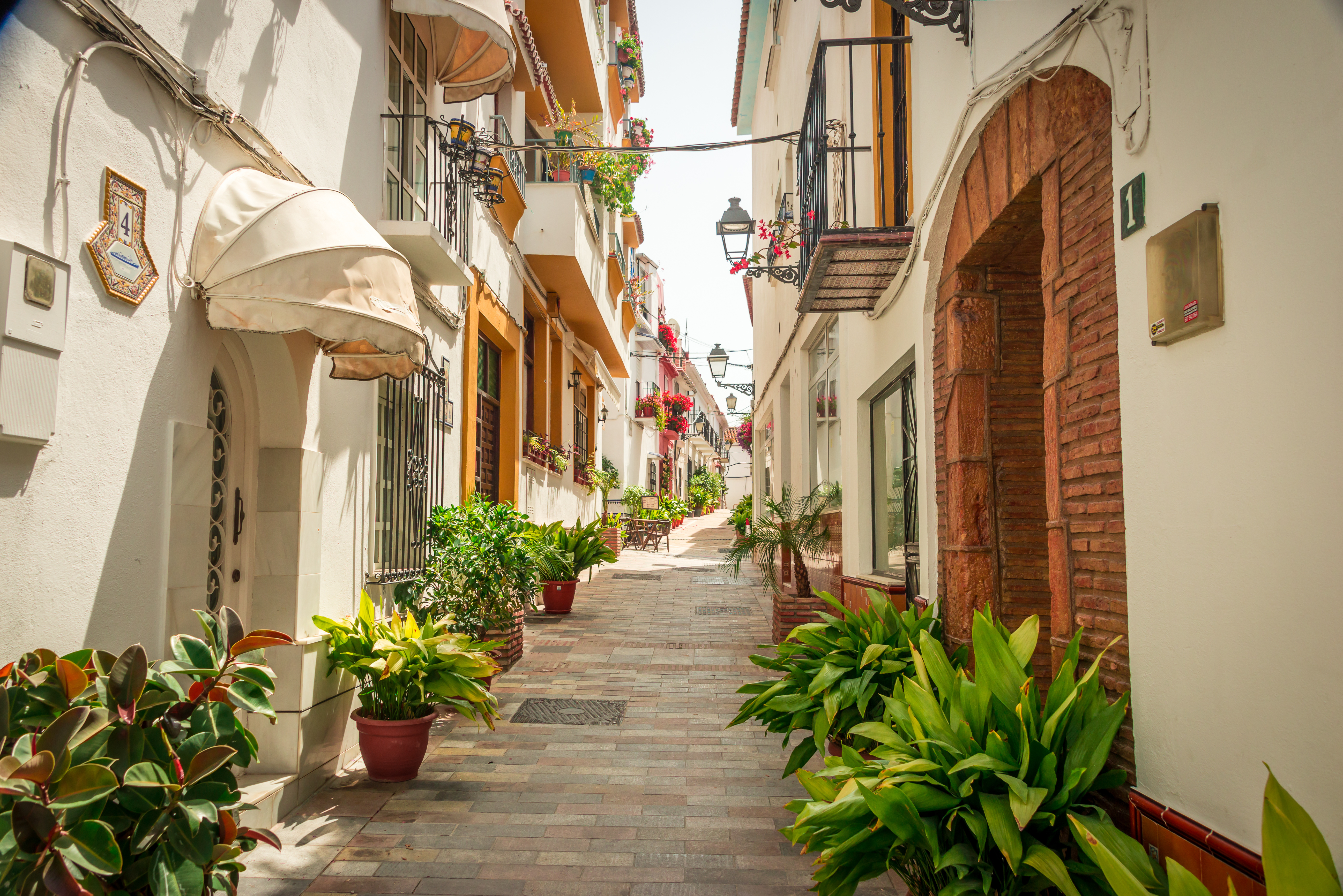 Costa del Sol residential street and Mediterranean architecture.